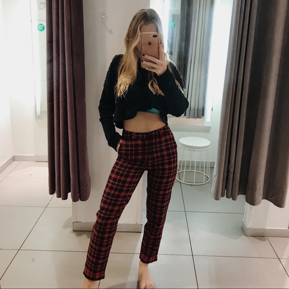 red plaid pants womens h&m